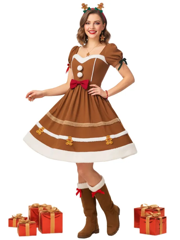 [Pre-Sale] Turmeric 1950s Gingerbread Man Plush Trim Dress sold by Retro Stage