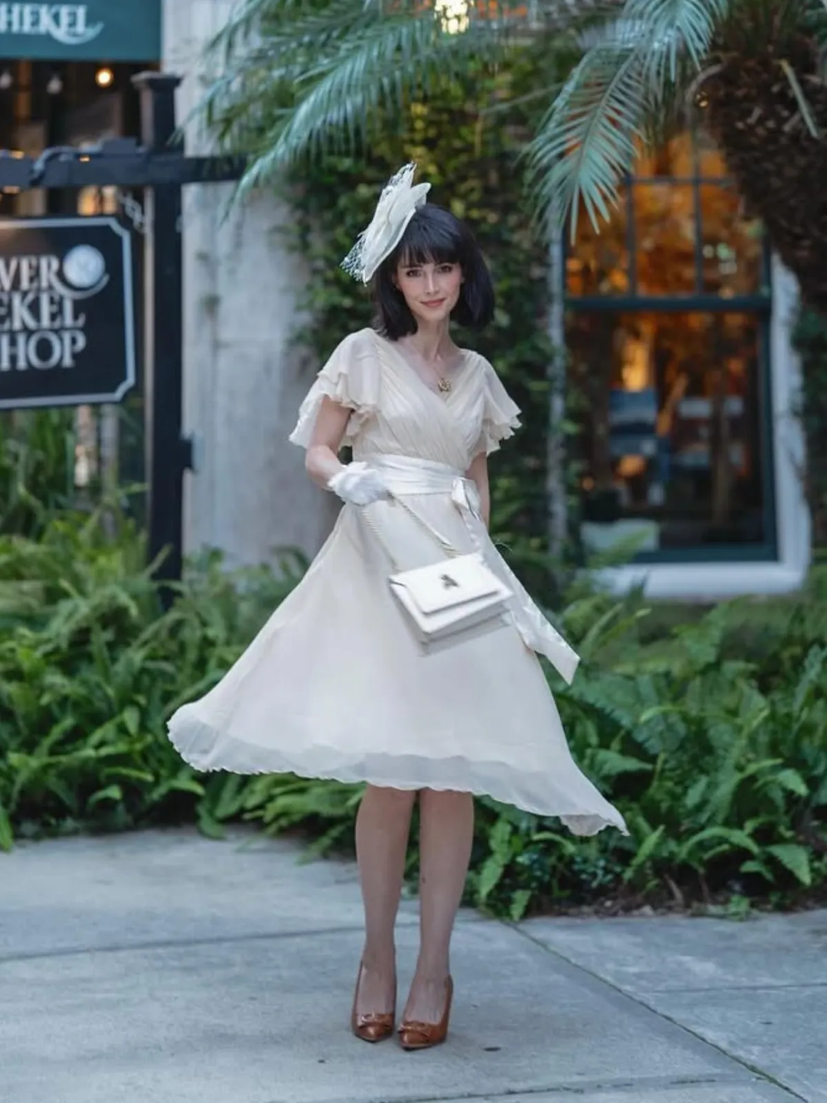 Champagne 1950s Satin Belt Tulle Cocktail Dress sold by Retro Stage product image thumbnail 2