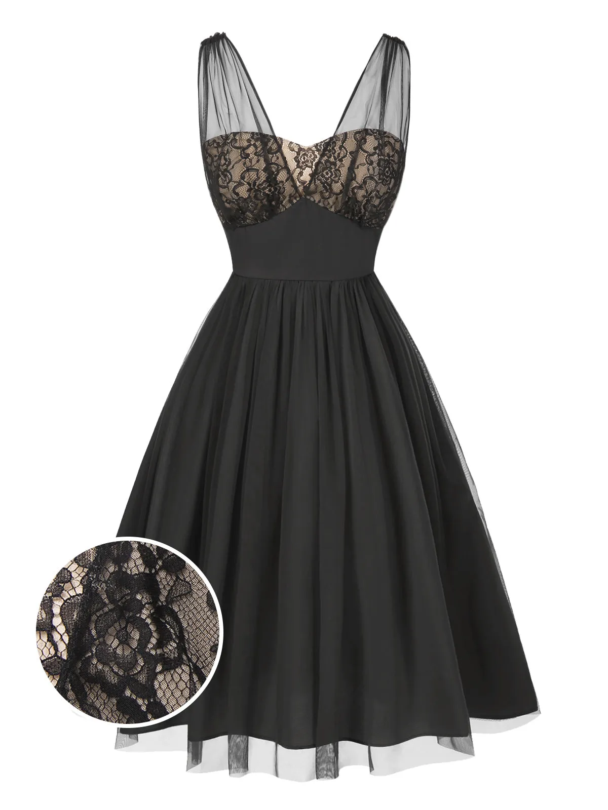 Black 1950s Lace Floral Mesh Swing Dress sold by Retro Stage product image thumbnail 3