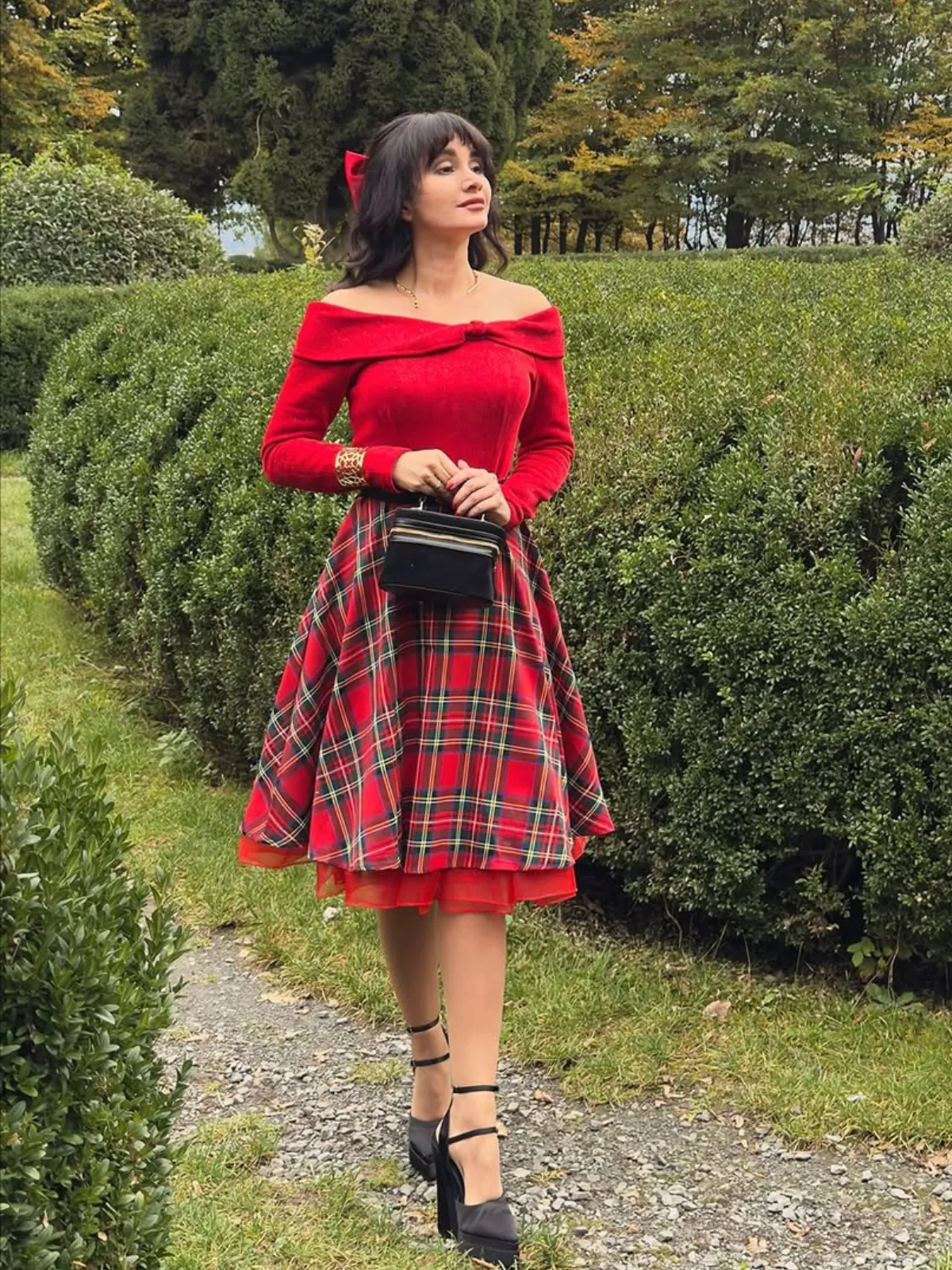 Red 1950s Christmas Off Shoulder Tartan Dress sold by Retro Stage