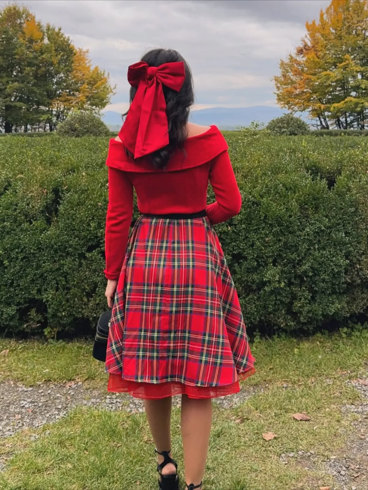 Red 1950s Christmas Off Shoulder Tartan Dress sold by Retro Stage product image thumbnail 3