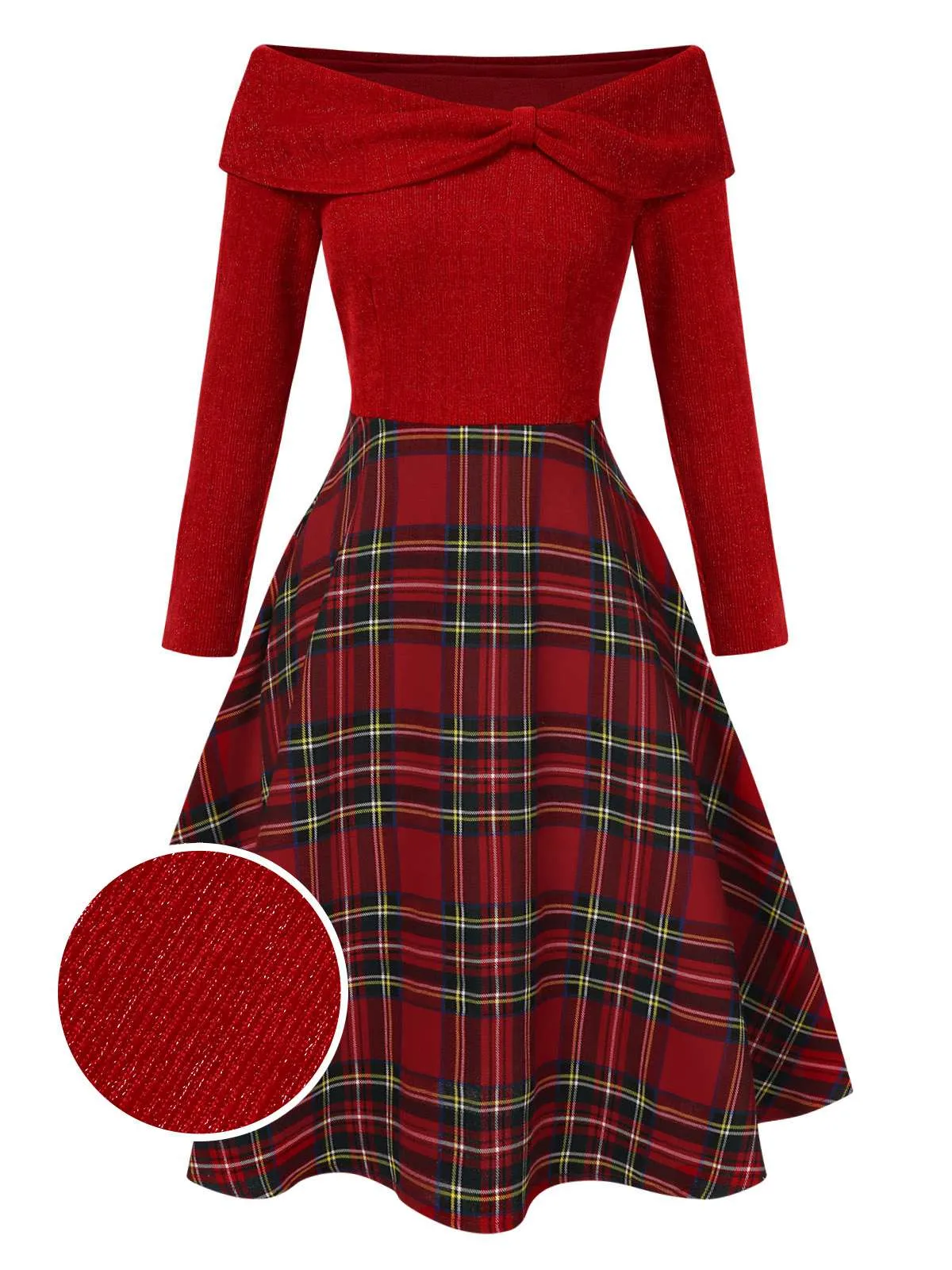 Red 1950s Christmas Off Shoulder Tartan Dress sold by Retro Stage product image thumbnail 4