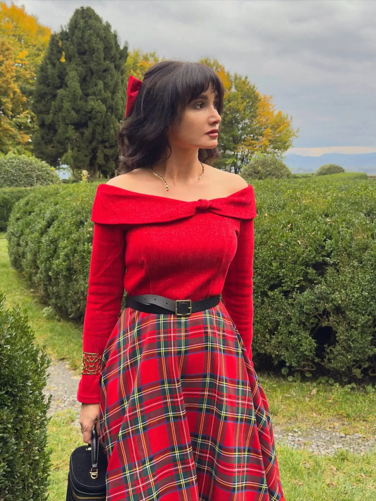 Red 1950s Christmas Off Shoulder Tartan Dress sold by Retro Stage product image thumbnail 2