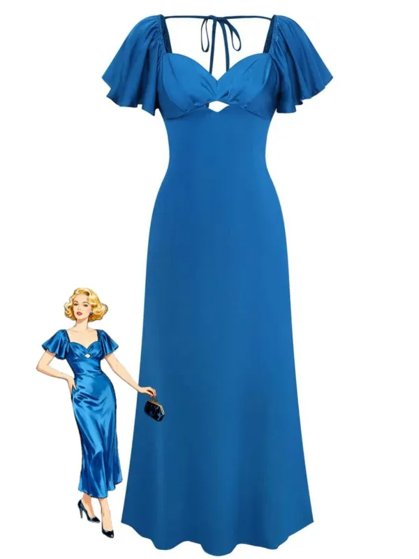 1930s Heart Neck Ruffled Sleeve Satin Dress sold by Retro Stage