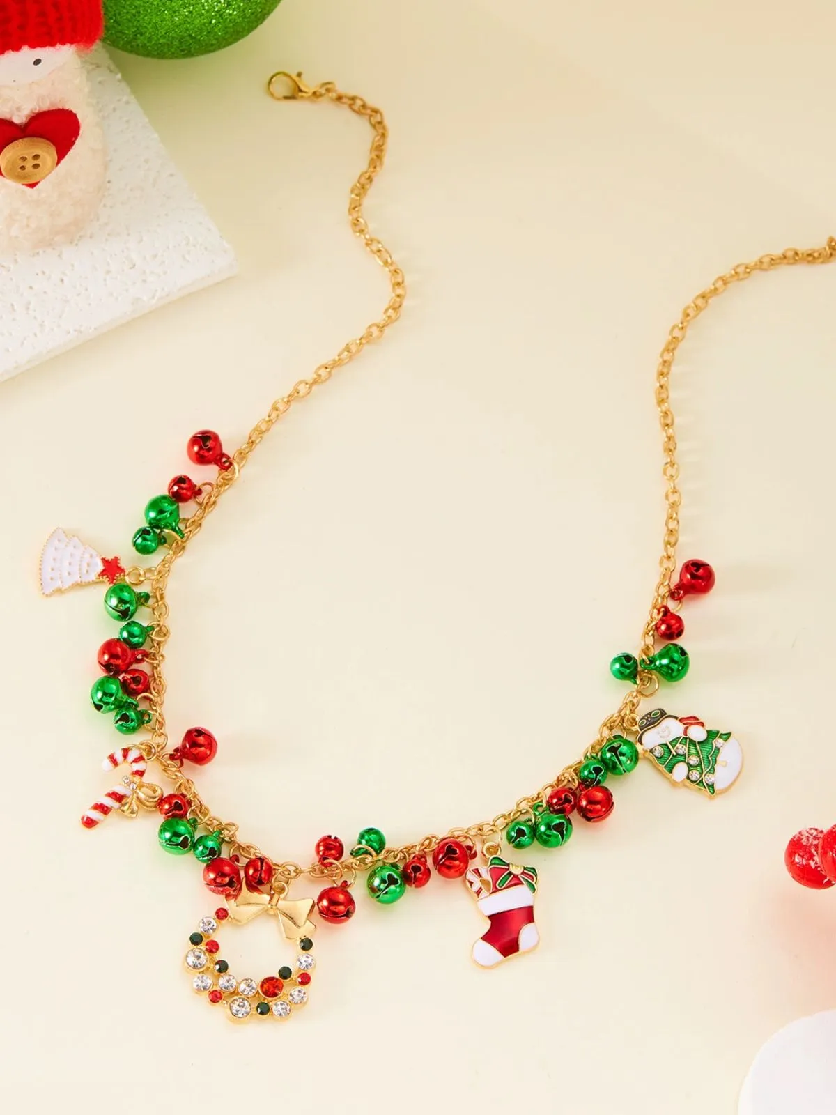 Christmas Bells Candy Cane Wreath Pendants Necklace sold by Retro Stage product image thumbnail 4