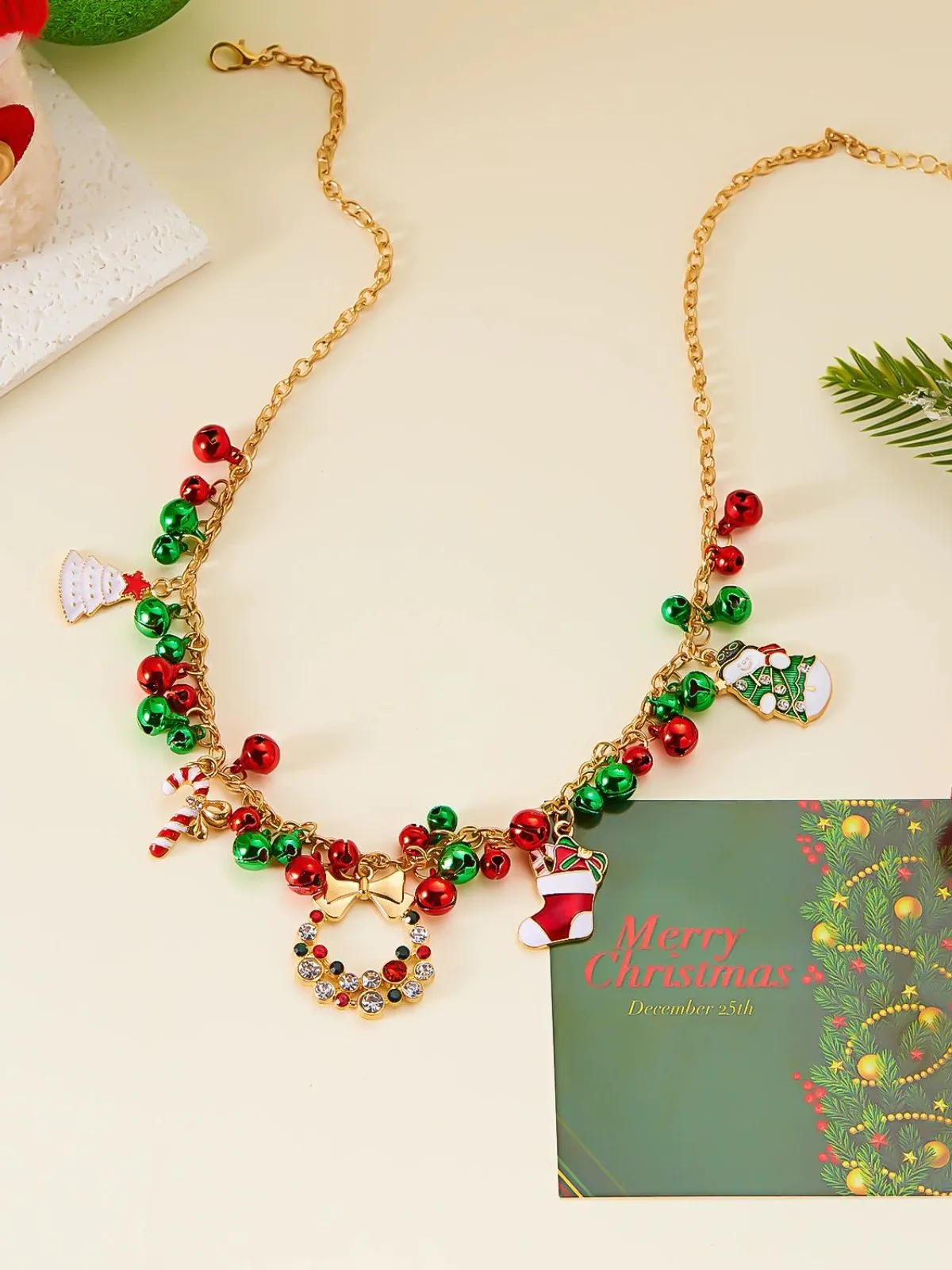 Christmas Bells Candy Cane Wreath Pendants Necklace sold by Retro Stage product image thumbnail 5