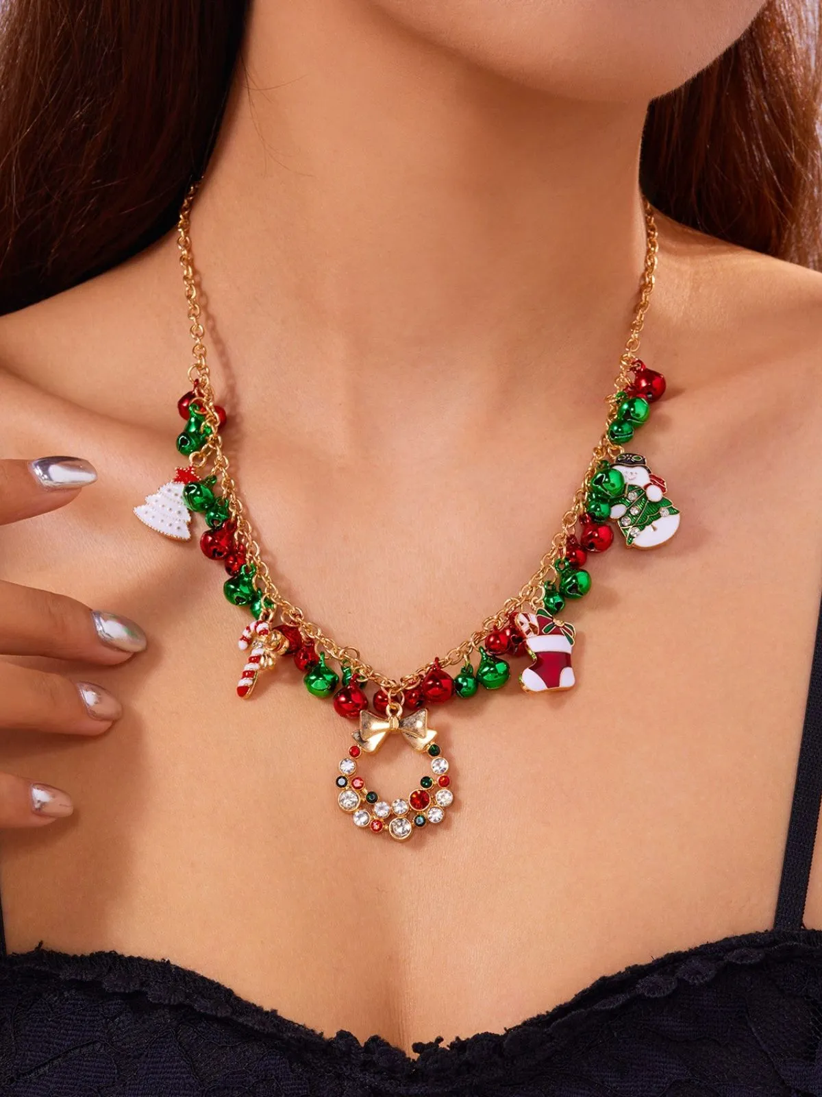 Christmas Bells Candy Cane Wreath Pendants Necklace sold by Retro Stage product image thumbnail 2