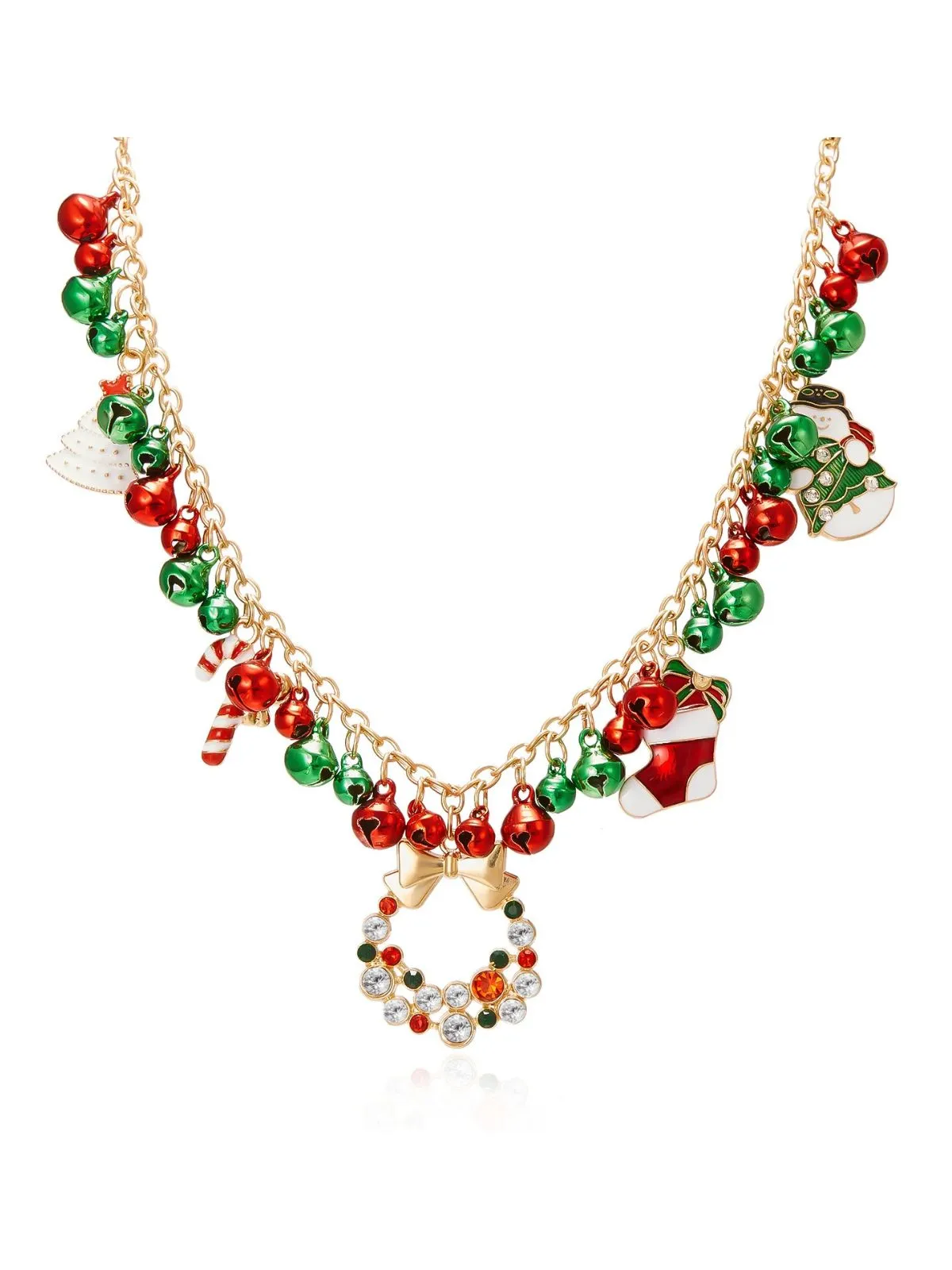 Christmas Bells Candy Cane Wreath Pendants Necklace sold by Retro Stage