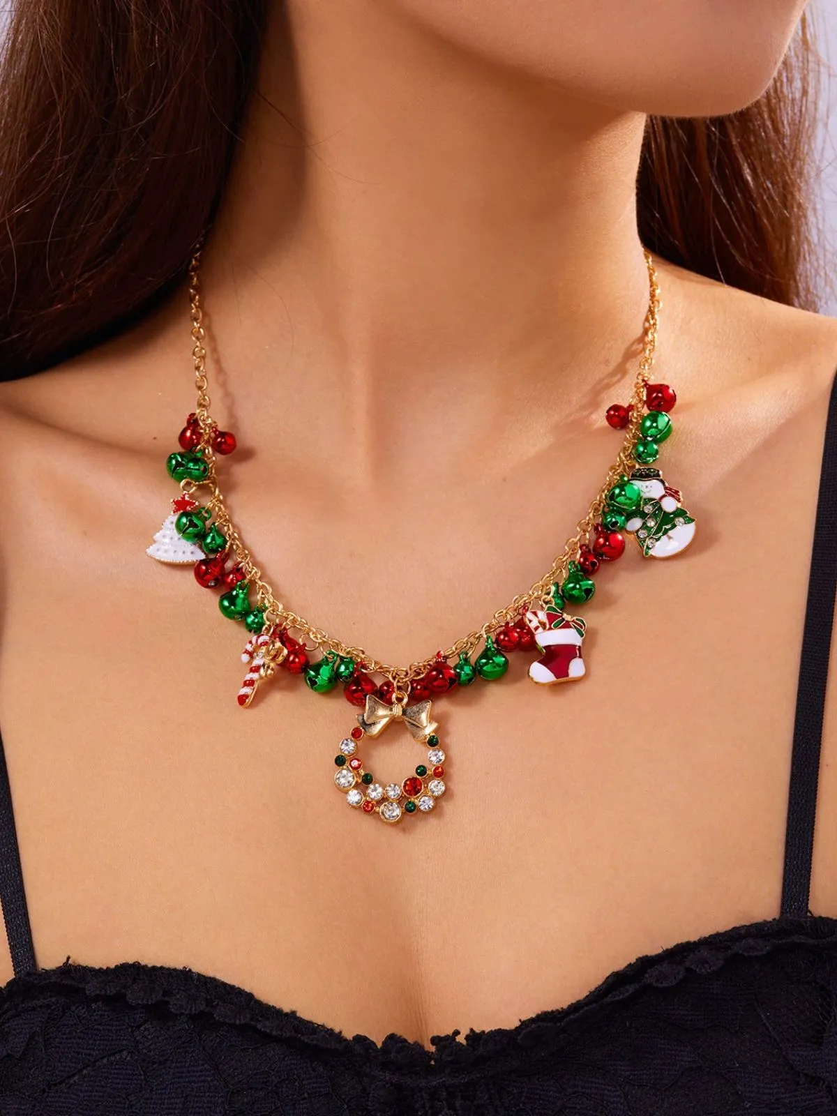 Christmas Bells Candy Cane Wreath Pendants Necklace sold by Retro Stage product image thumbnail 3