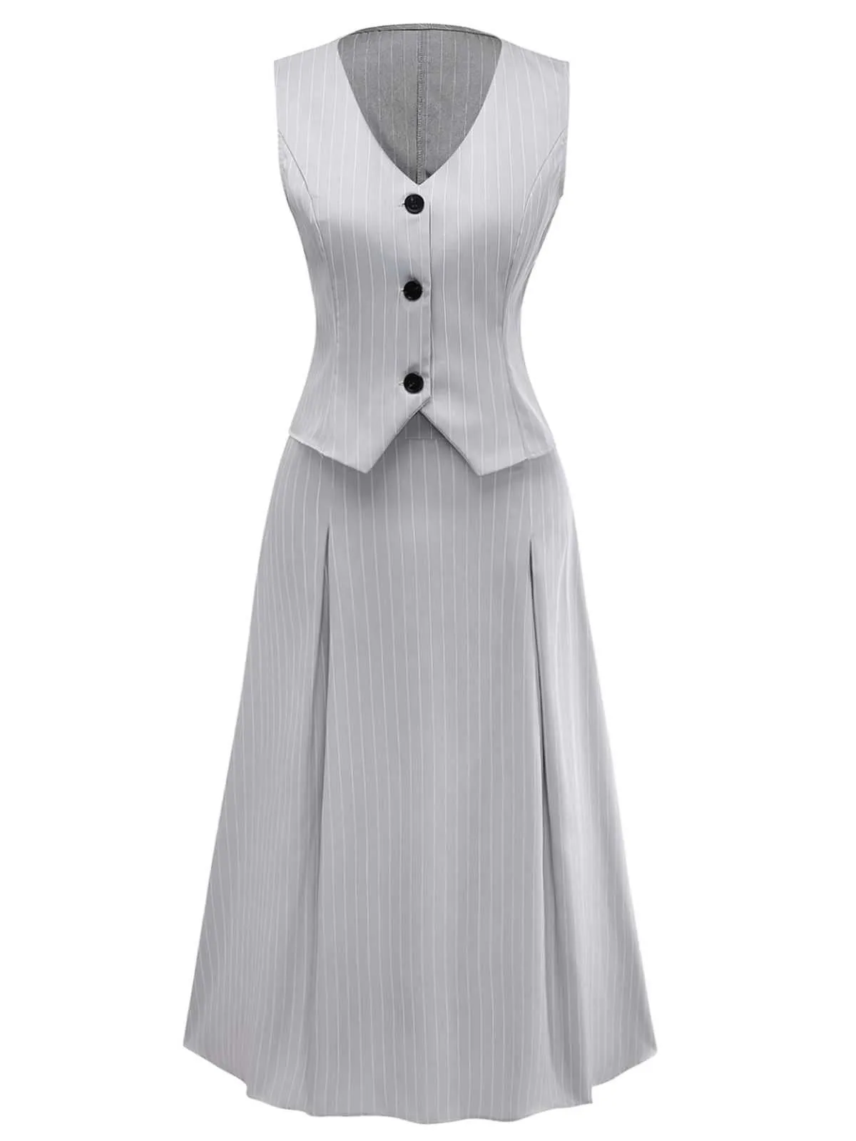 2PCS 1940s Stripe Sleeveless Vest & Midi Skirt sold by Retro Stage product image thumbnail 2