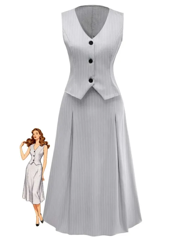 2PCS 1940s Stripe Sleeveless Vest & Midi Skirt sold by Retro Stage