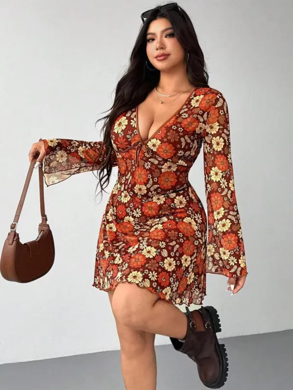 [Plus Size] Orange 1960s V-Neck Floral Dress sold by Retro Stage