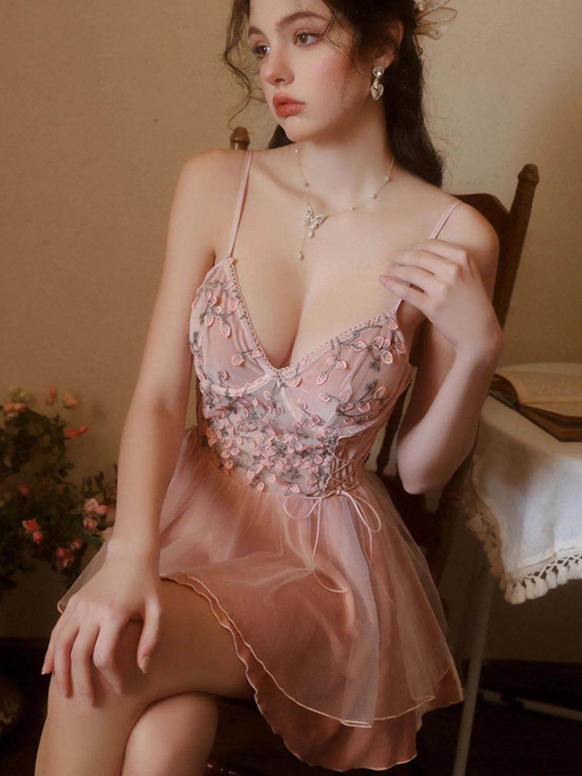 Dark Pink 1980s Floral Velvet Slip Sleepwear sold by Retro Stage product image thumbnail 3