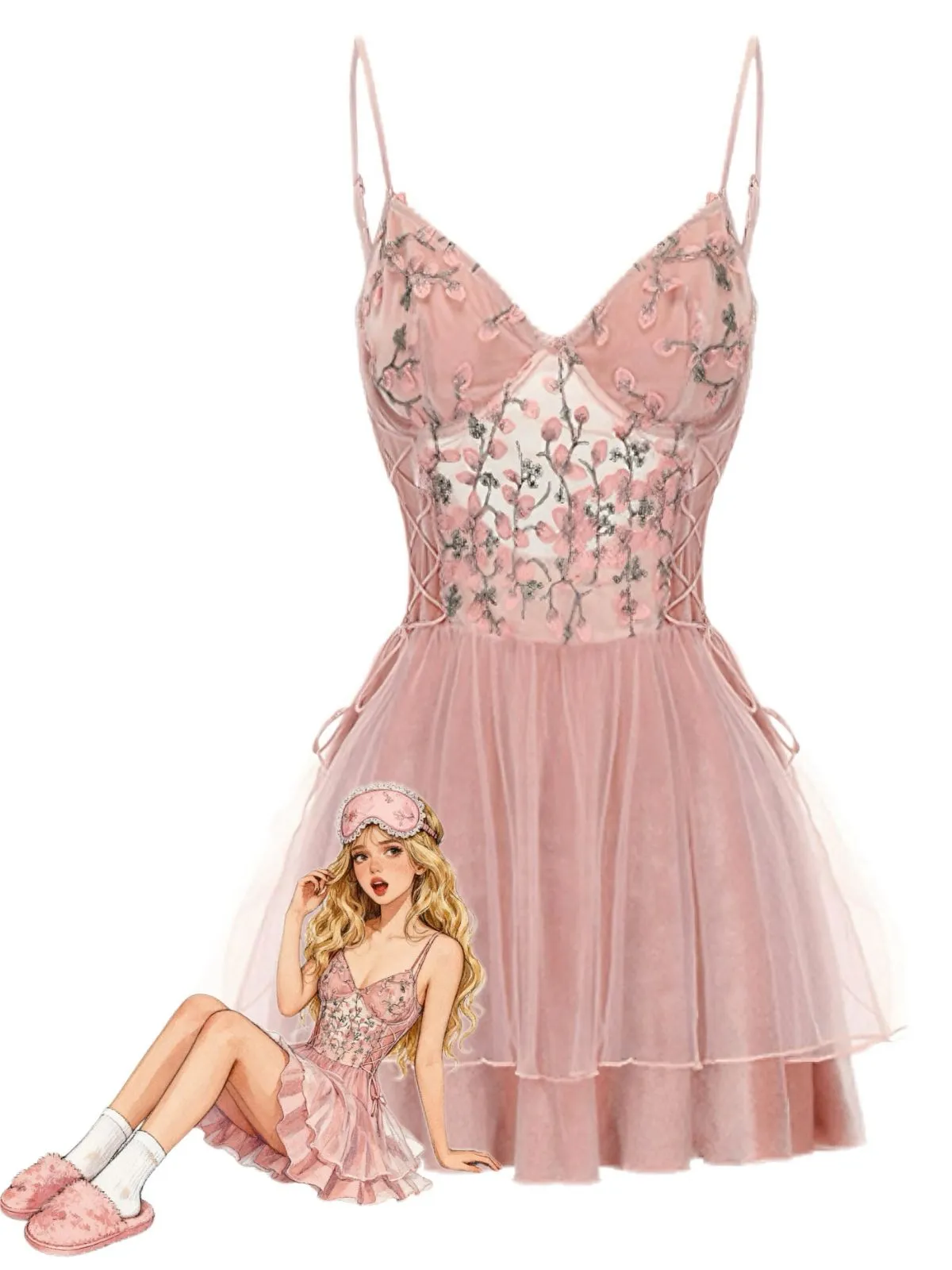 Dark Pink 1980s Floral Velvet Slip Sleepwear sold by Retro Stage