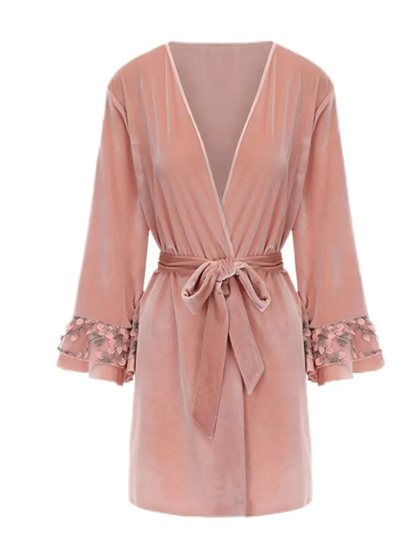 Pink 1980s Floral Cuff Velvet Belted Robe sold by Retro Stage