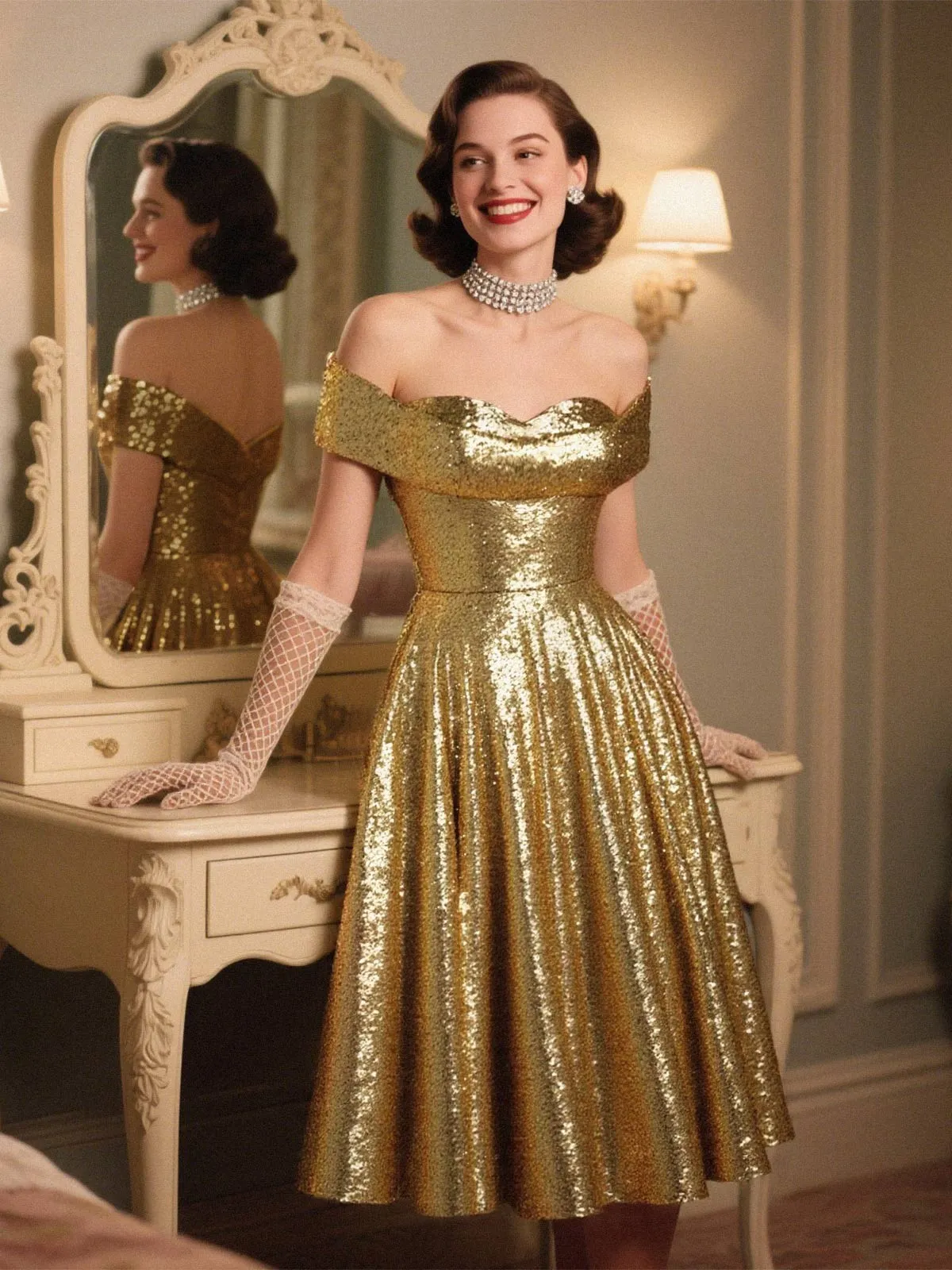 Gold 1950s Off-Shoulder Sequined Swing Dress sold by Retro Stage product image thumbnail 2