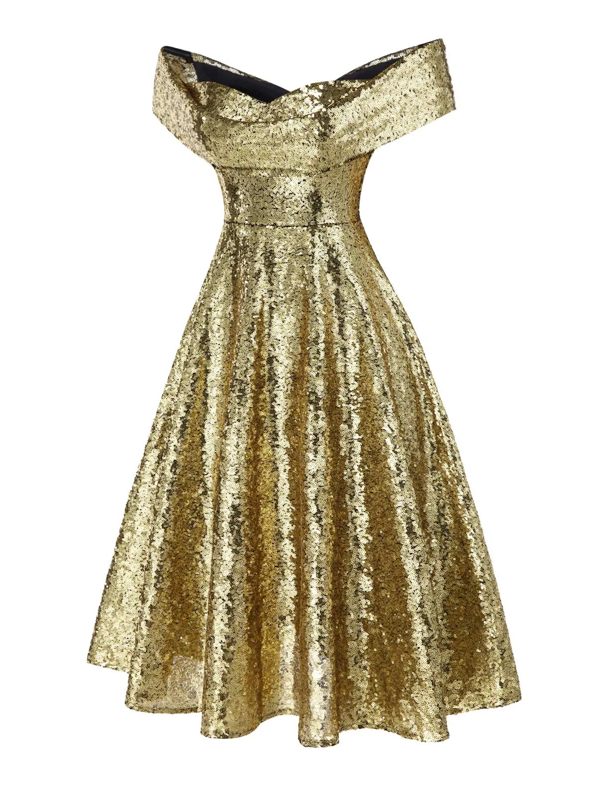 Gold 1950s Off-Shoulder Sequined Swing Dress sold by Retro Stage product image thumbnail 5