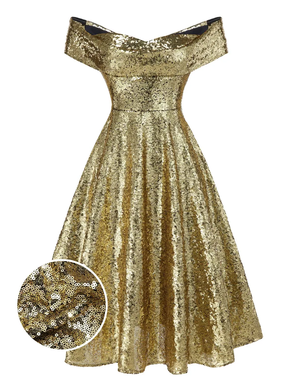 Gold 1950s Off-Shoulder Sequined Swing Dress sold by Retro Stage product image thumbnail 3