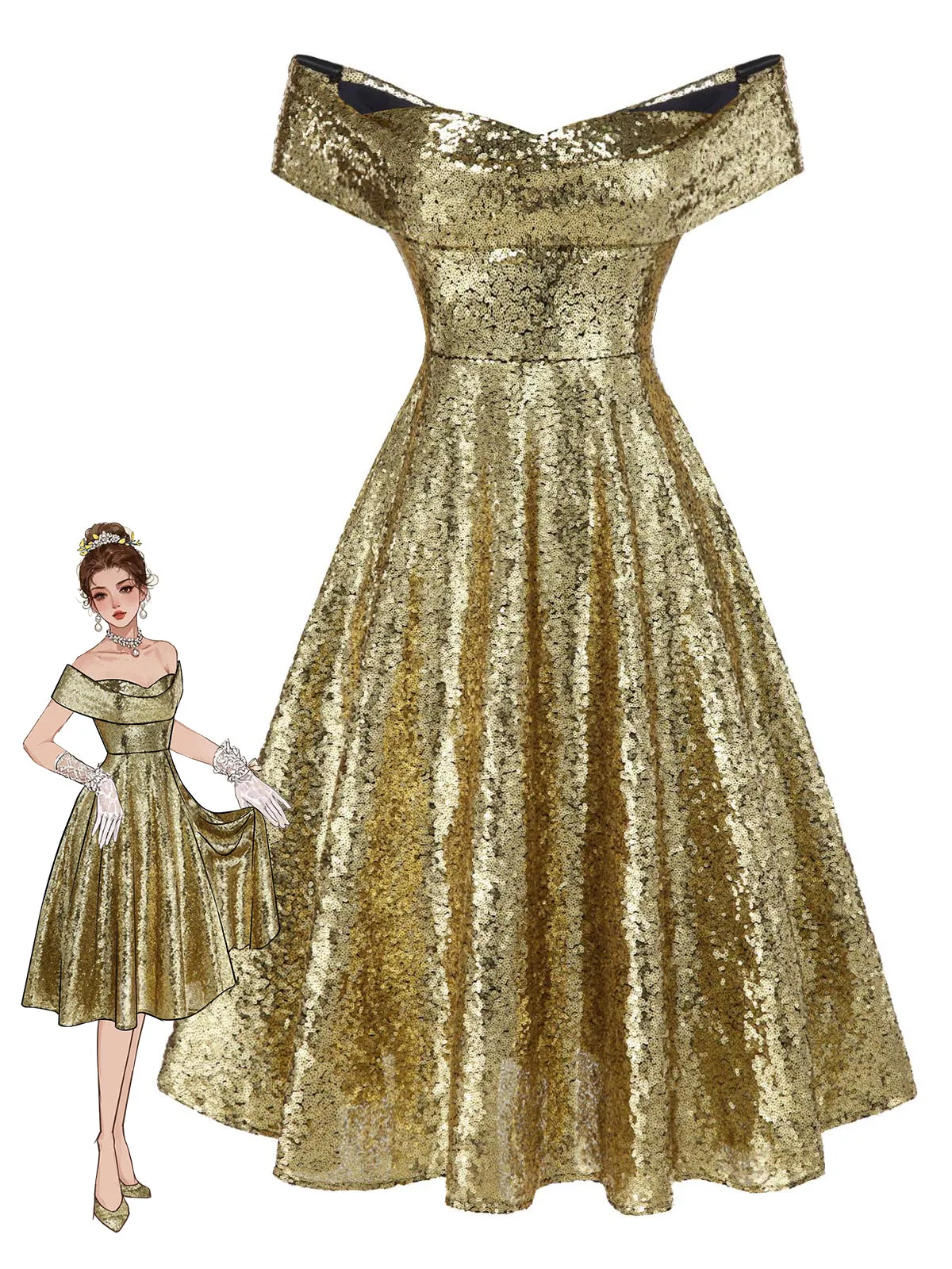 Gold 1950s Off-Shoulder Sequined Swing Dress sold by Retro Stage