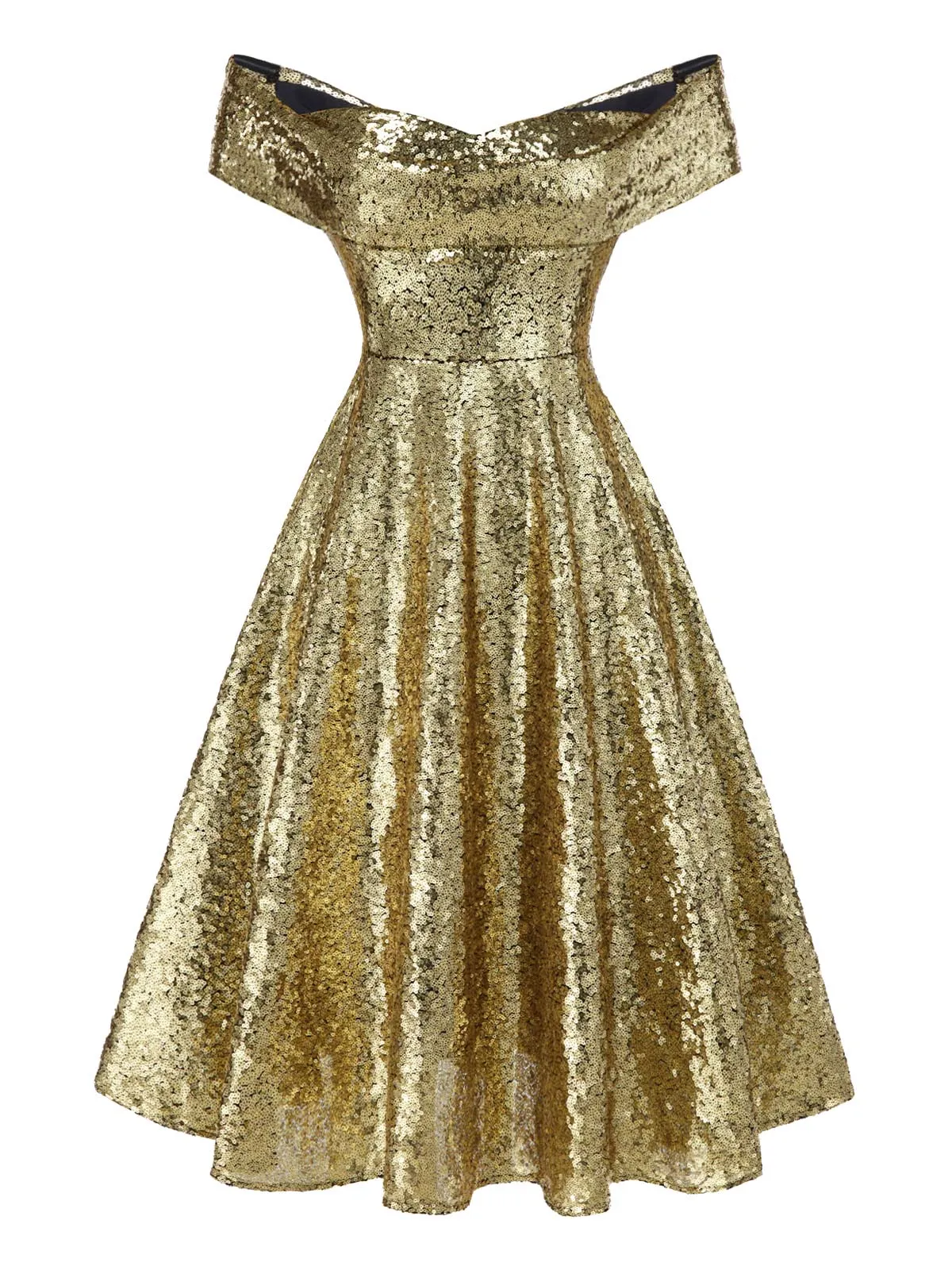 Gold 1950s Off-Shoulder Sequined Swing Dress sold by Retro Stage product image thumbnail 4