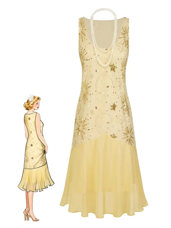 [Pre-Sale] Champagne 1920s Firework Star Sequins Mesh Pearl Dress sold by Retro Stage