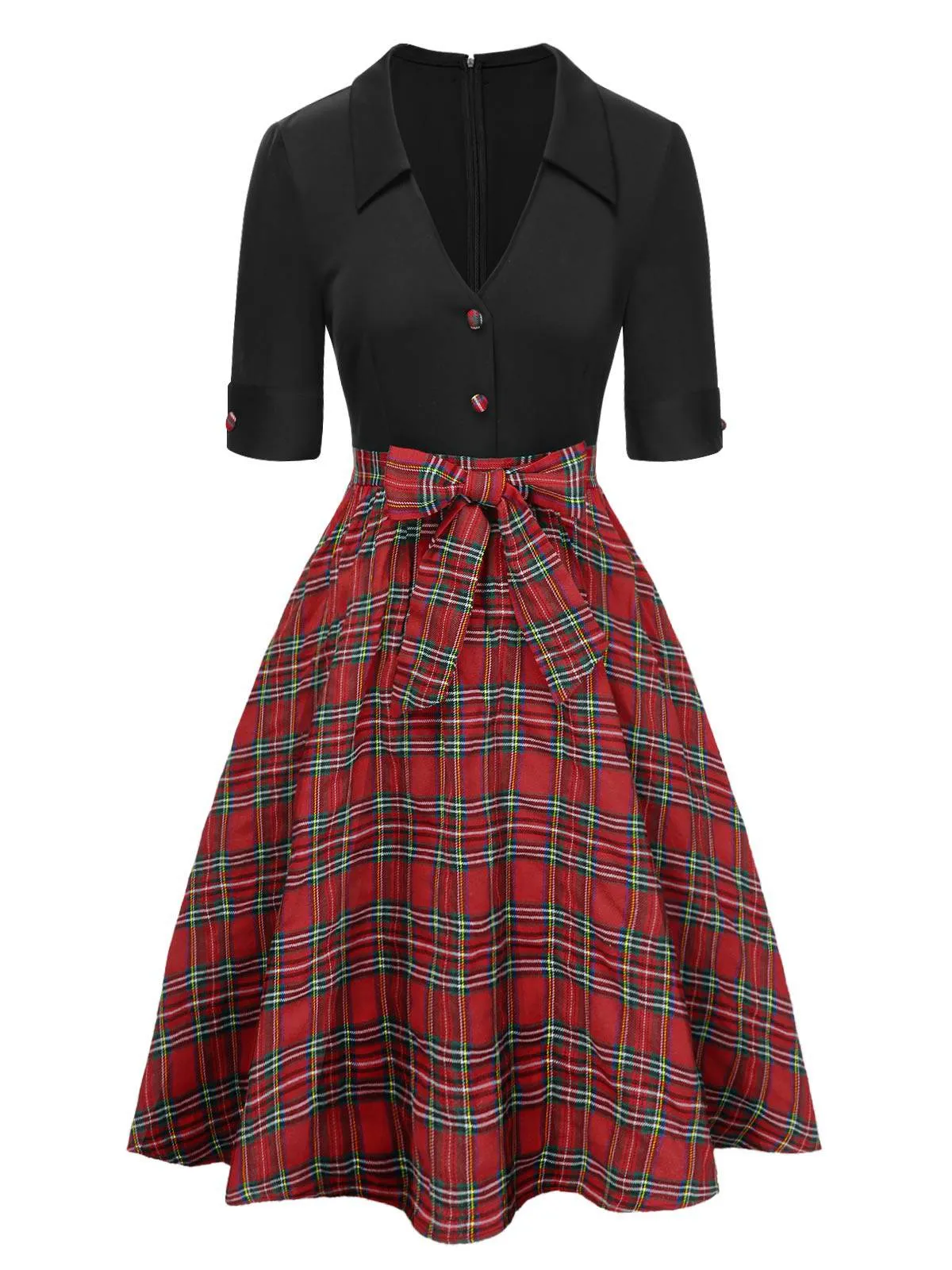 Black 1940s Bowknot Plaid Patchwork Lapel Dress sold by Retro Stage product image thumbnail 2