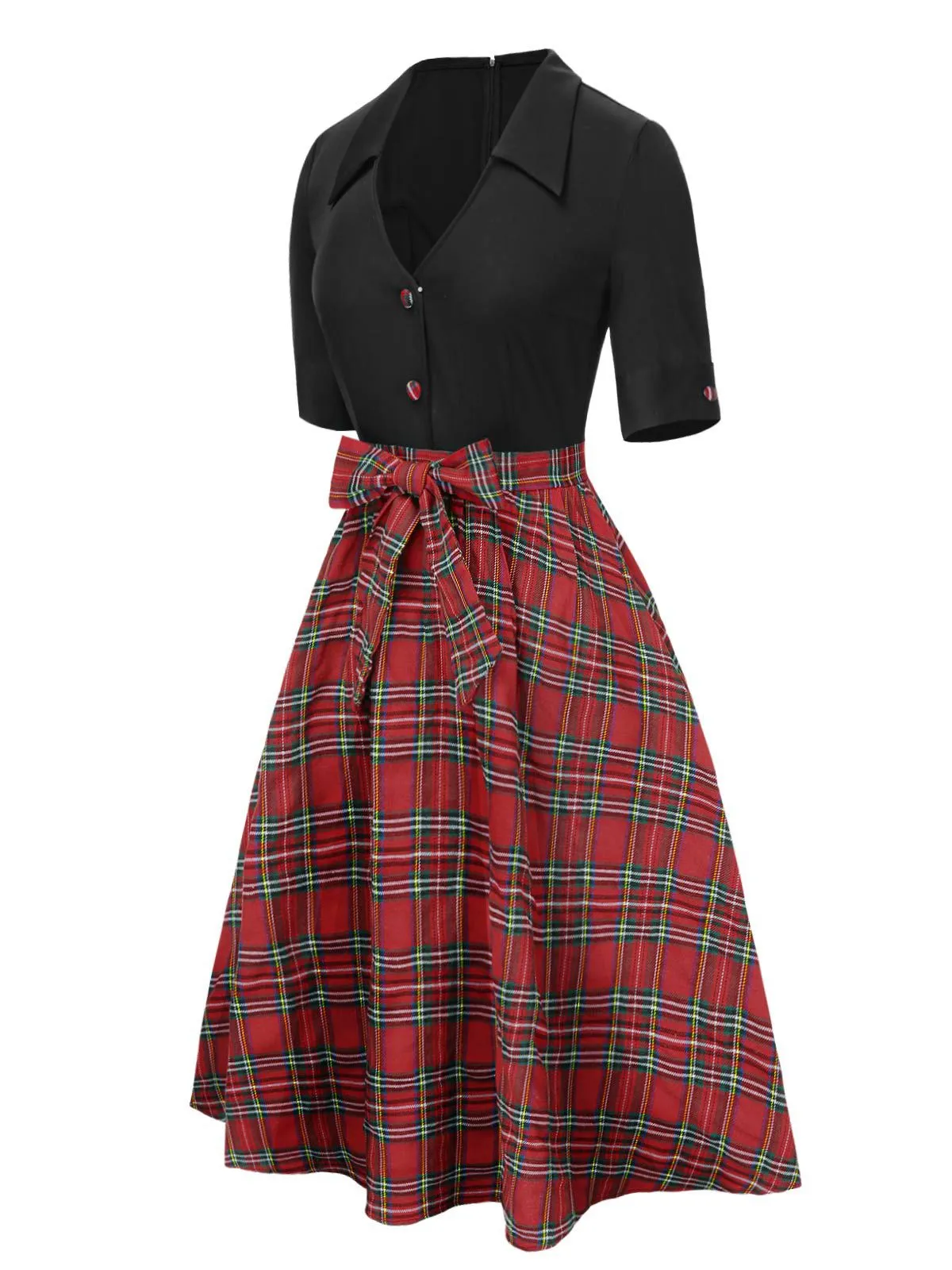 Black 1940s Bowknot Plaid Patchwork Lapel Dress sold by Retro Stage product image thumbnail 3