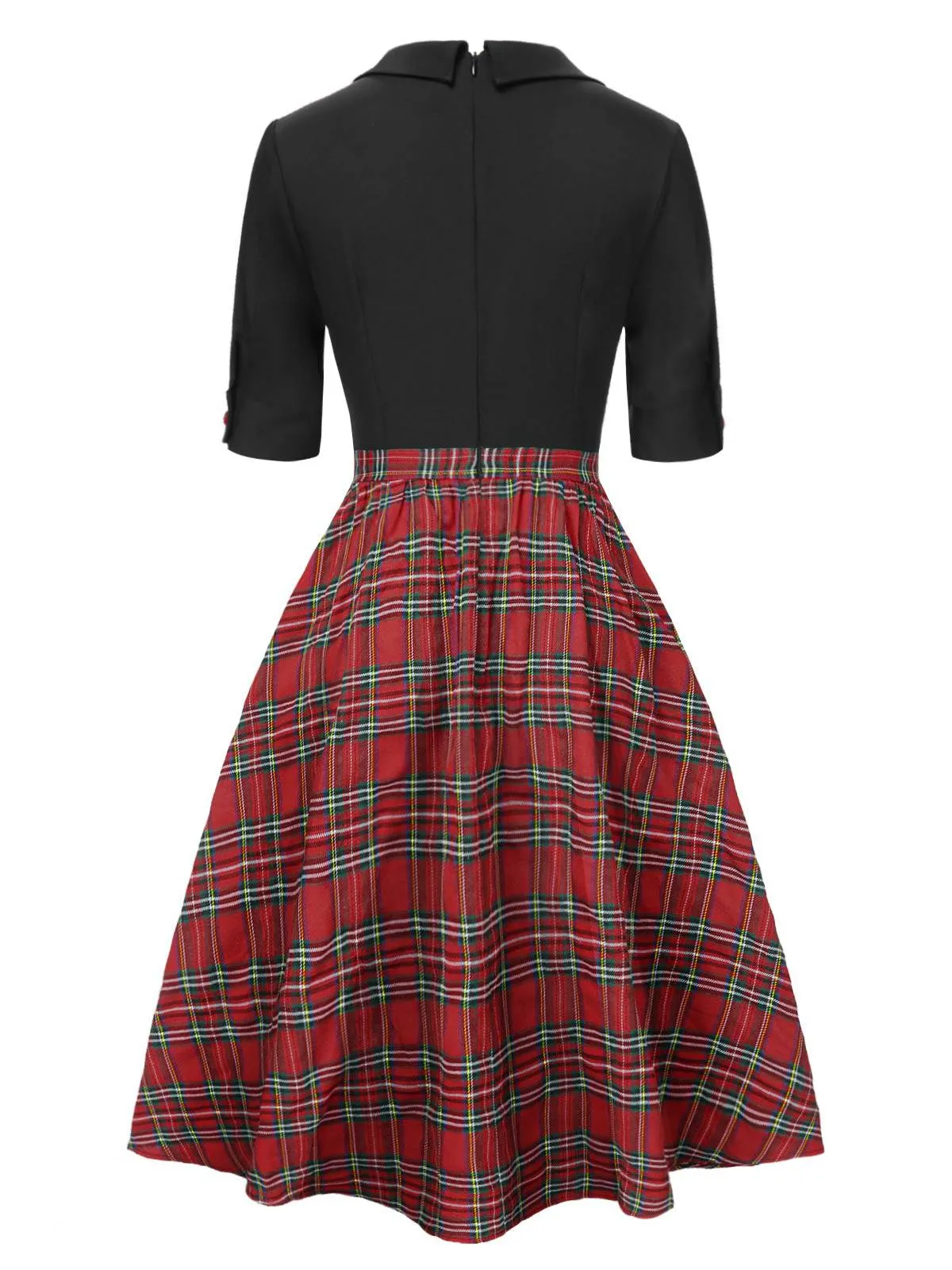 Black 1940s Bowknot Plaid Patchwork Lapel Dress sold by Retro Stage product image thumbnail 4