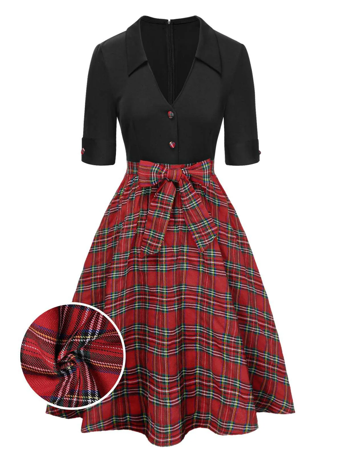 Black 1940s Bowknot Plaid Patchwork Lapel Dress sold by Retro Stage