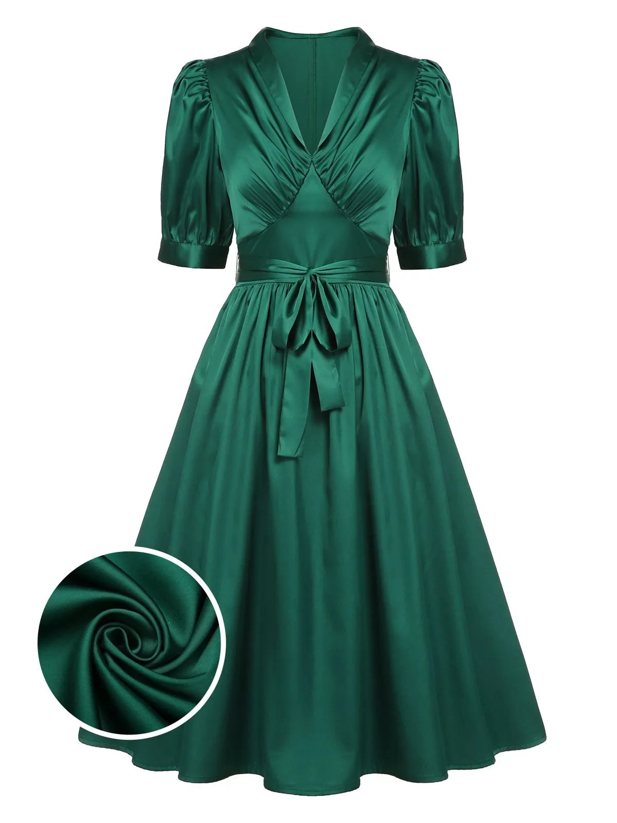 Dark Green 1940s Solid Belt V-Neck Dress sold by Retro Stage