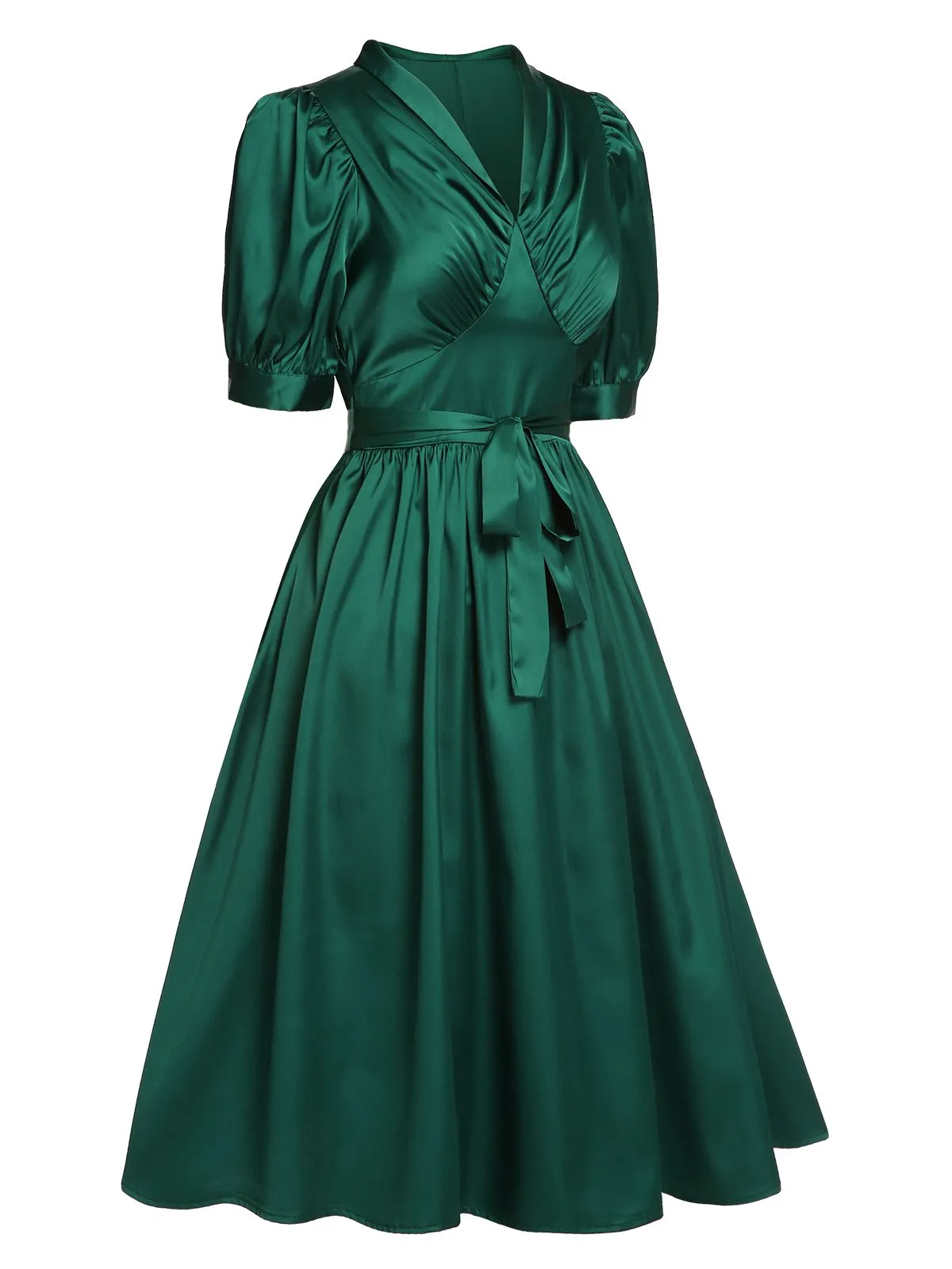 Dark Green 1940s Solid Belt V-Neck Dress sold by Retro Stage product image thumbnail 3