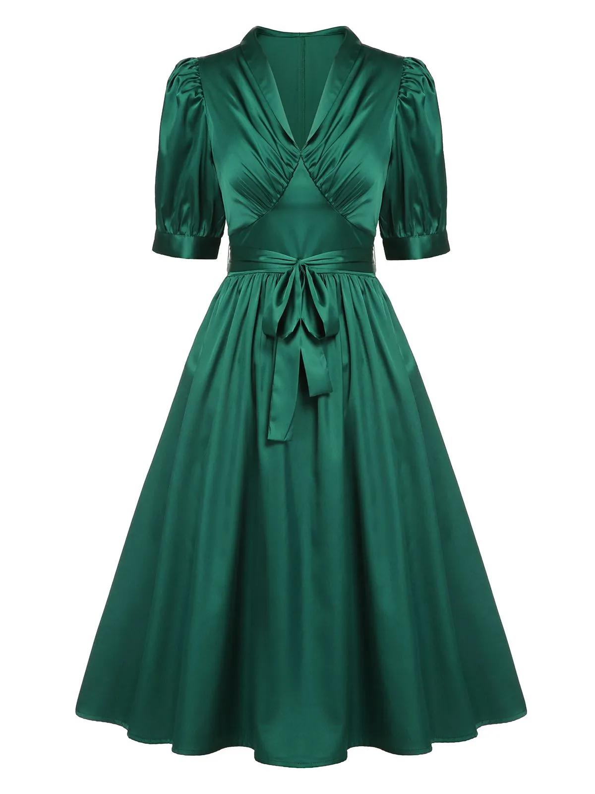 Dark Green 1940s Solid Belt V-Neck Dress sold by Retro Stage product image thumbnail 2