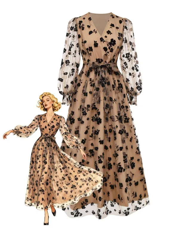 Beige 1930s Flocked Floral Mesh V-Neck Dress sold by Retro Stage