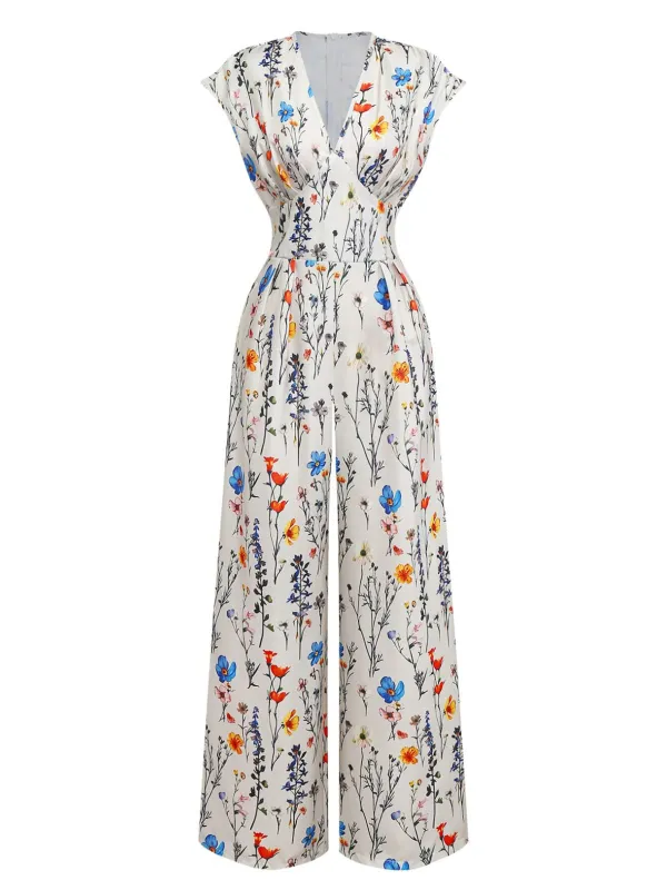 Beige 1950s Floral V-Neck Cap Sleeve Jumpsuit sold by Retro Stage