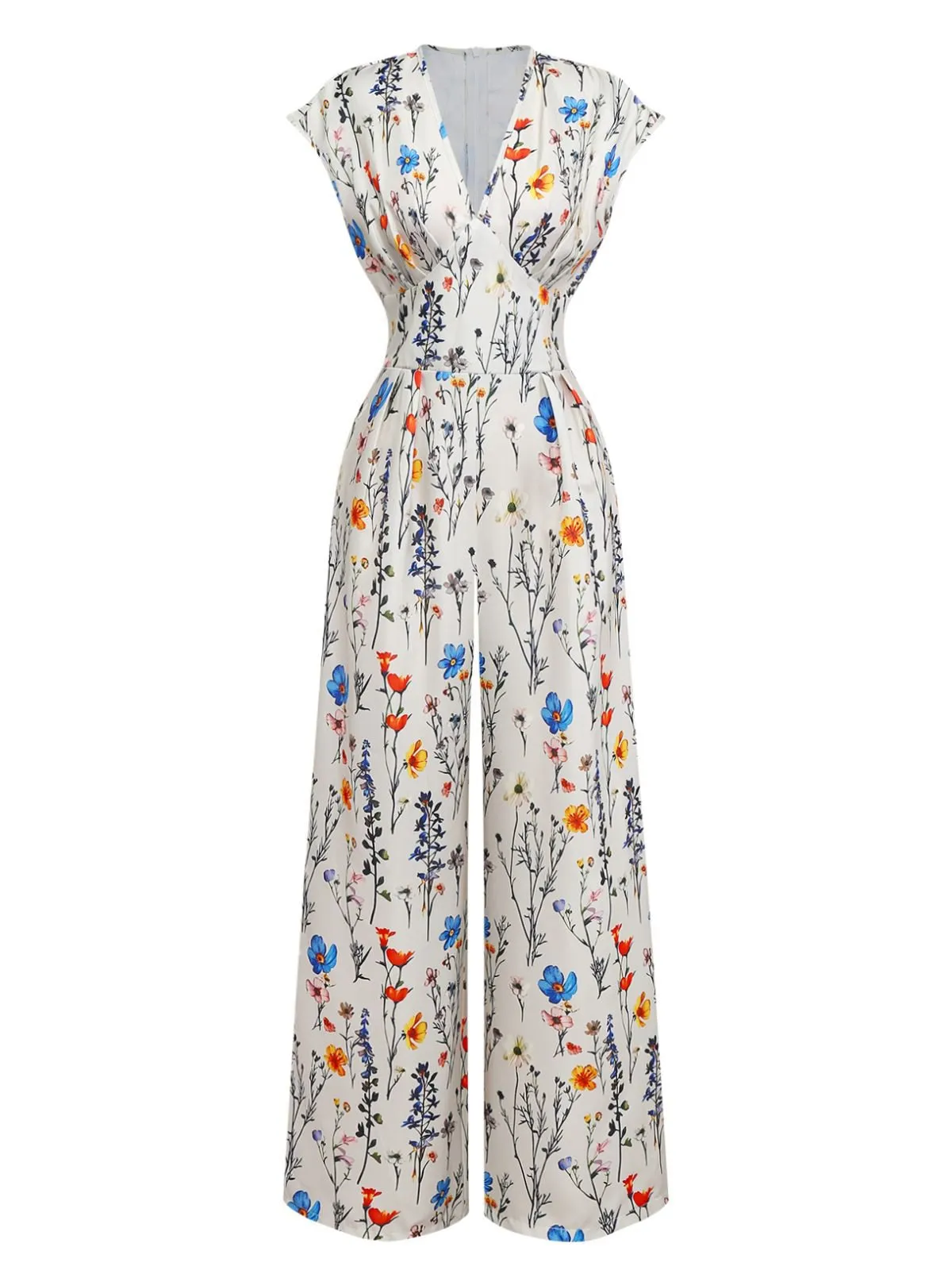 Beige 1950s Floral V-Neck Cap Sleeve Jumpsuit sold by Retro Stage