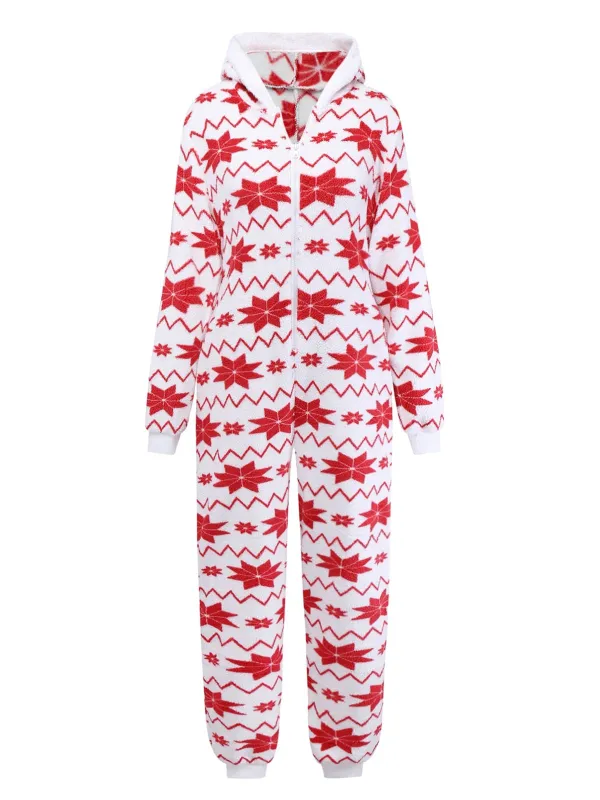 Red 1980s Christmas Print Flannel Hooded Pajama Jumpsuit sold by Retro Stage