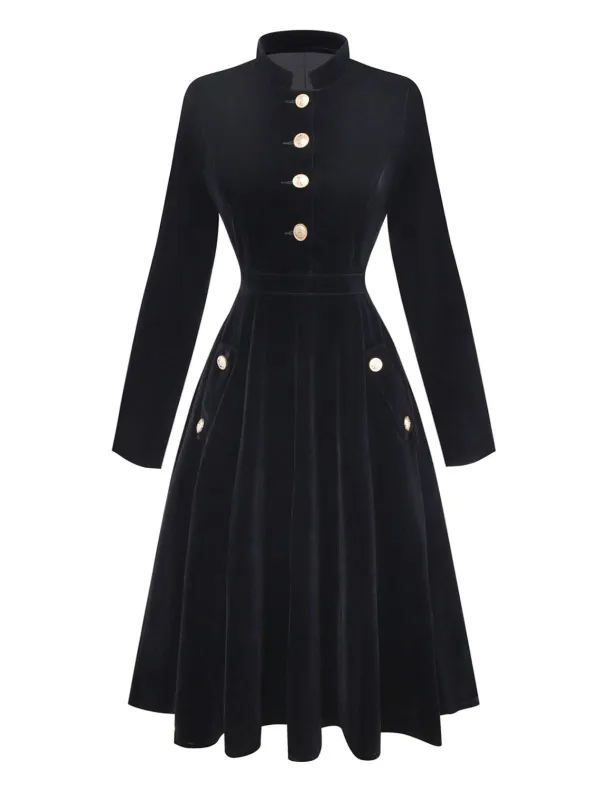 Black 1950s Velvet Stand Collar Dress sold by Retro Stage
