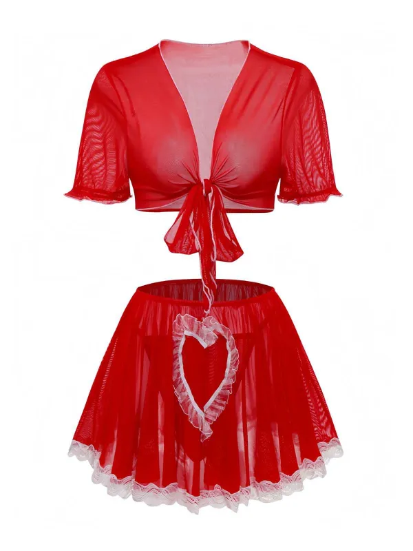 Red 1960s Heart Lace Cropped Pajama Set made by Retro Stage