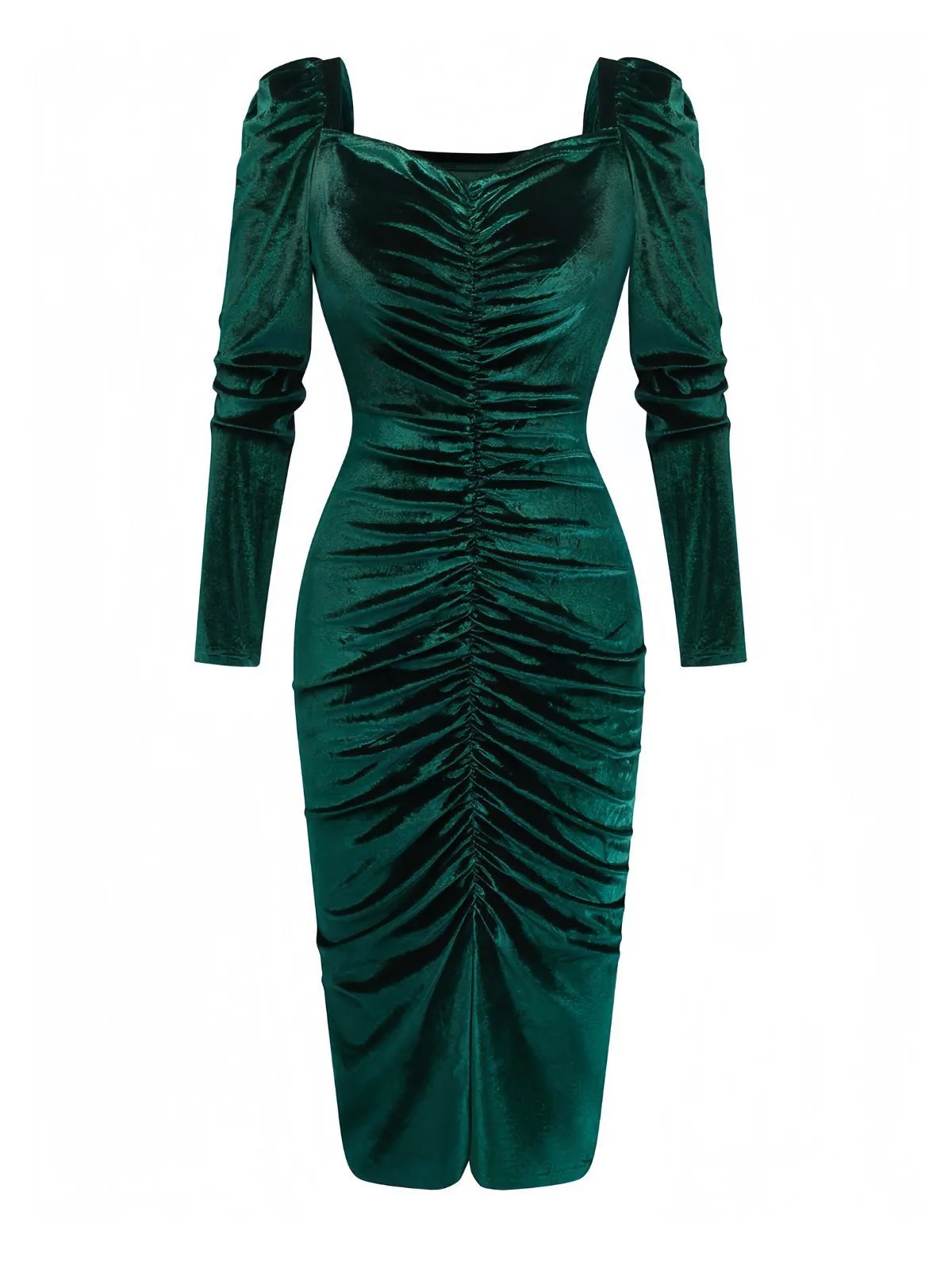 Green 1960s Velvet Ruched Long Sleeve Bodycon Dress sold by Retro Stage product image thumbnail 2