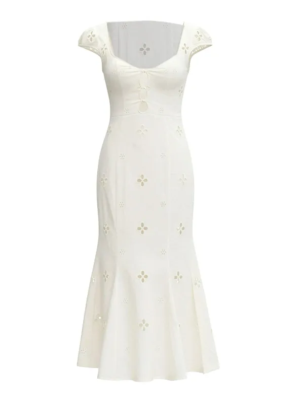 White 1960s Floral Cutout Cap Sleeve Fishtail Dress sold by Retro Stage