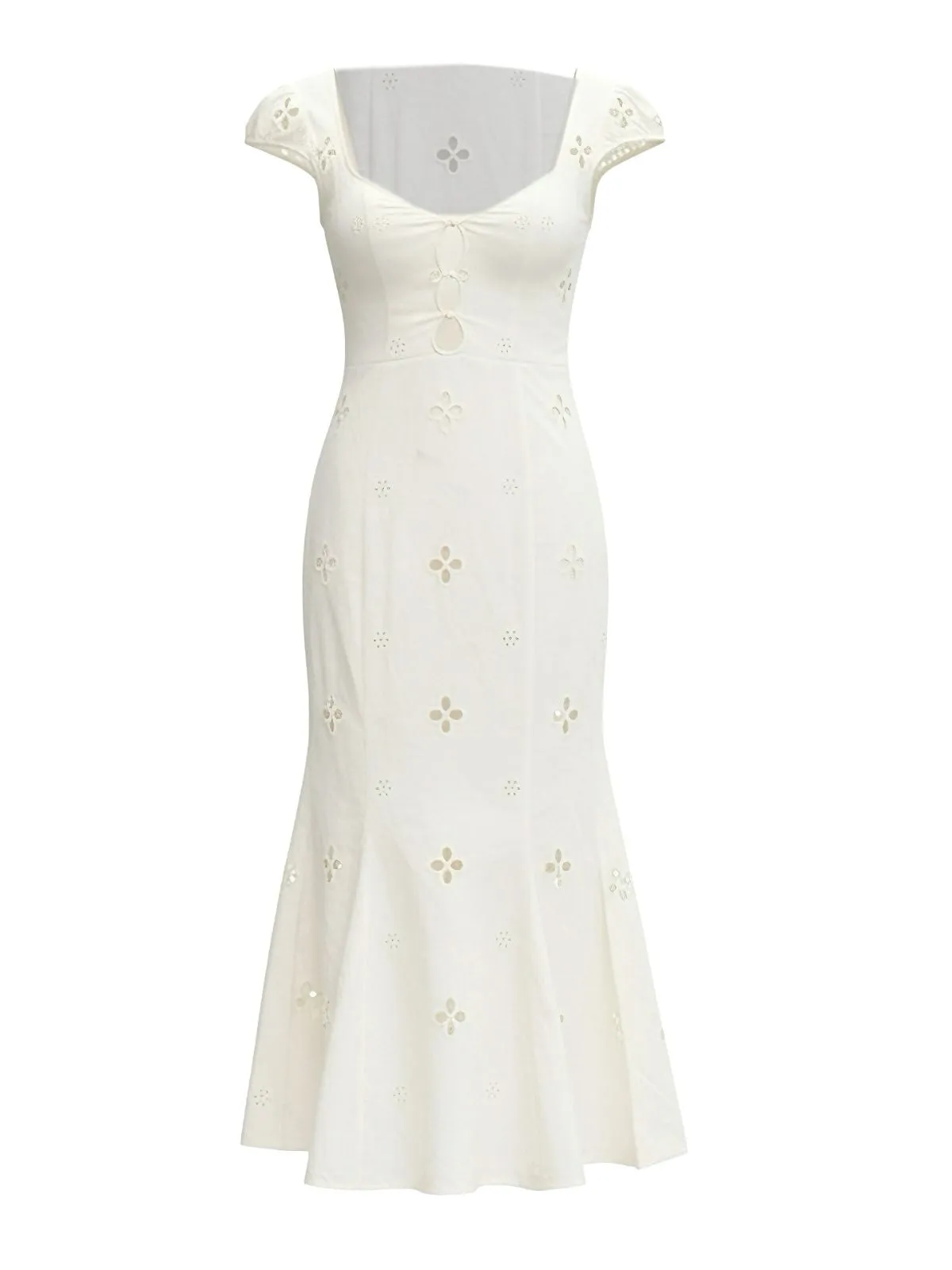 White 1960s Floral Cutout Cap Sleeve Fishtail Dress sold by Retro Stage