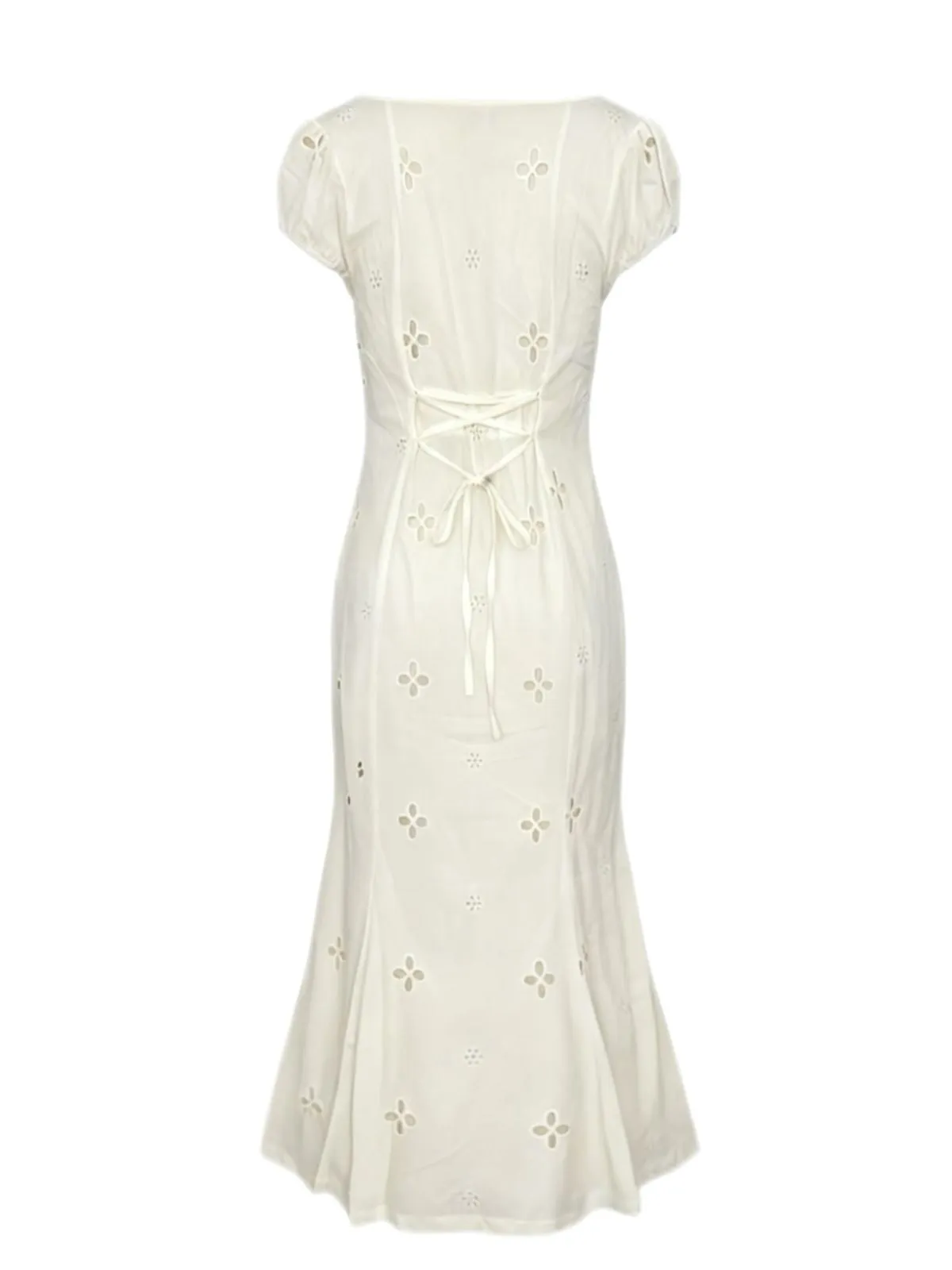 White 1960s Floral Cutout Cap Sleeve Fishtail Dress sold by Retro Stage product image thumbnail 2