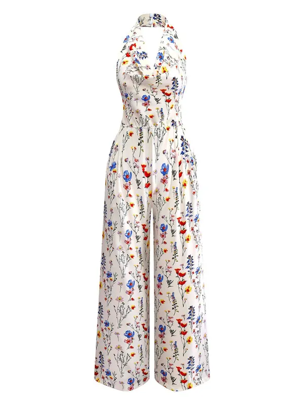 Beige 1950s Halter Floral Backless Jumpsuit sold by Retro Stage