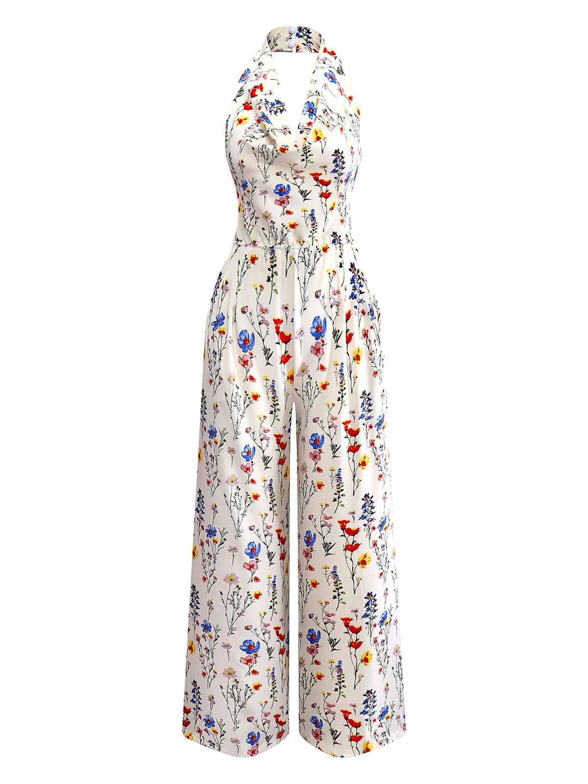 Beige 1950s Halter Floral Backless Jumpsuit sold by Retro Stage