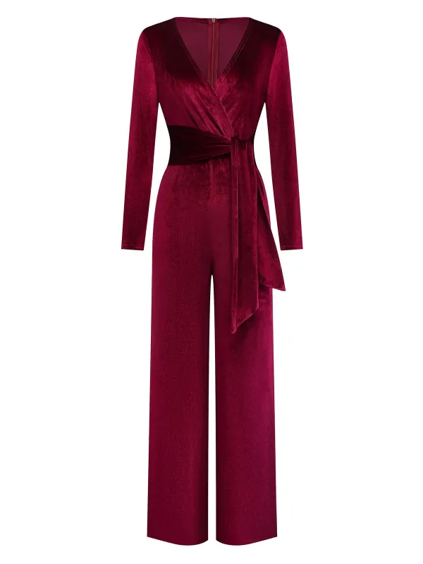 1970s Velvet Deep V-Neck Long Sleeve Jumpsuit sold by Retro Stage