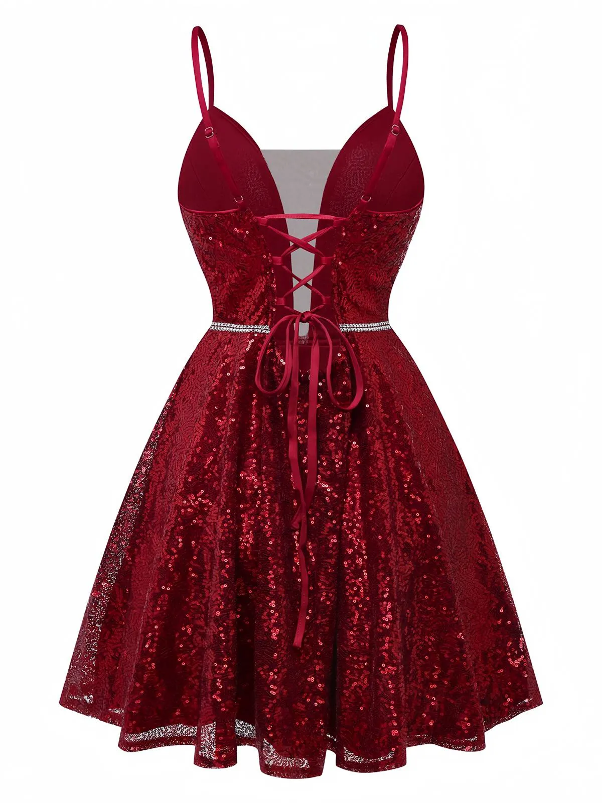 Wine Red 1950s Sequin Deep-V Mesh Dress sold by Retro Stage product image thumbnail 3