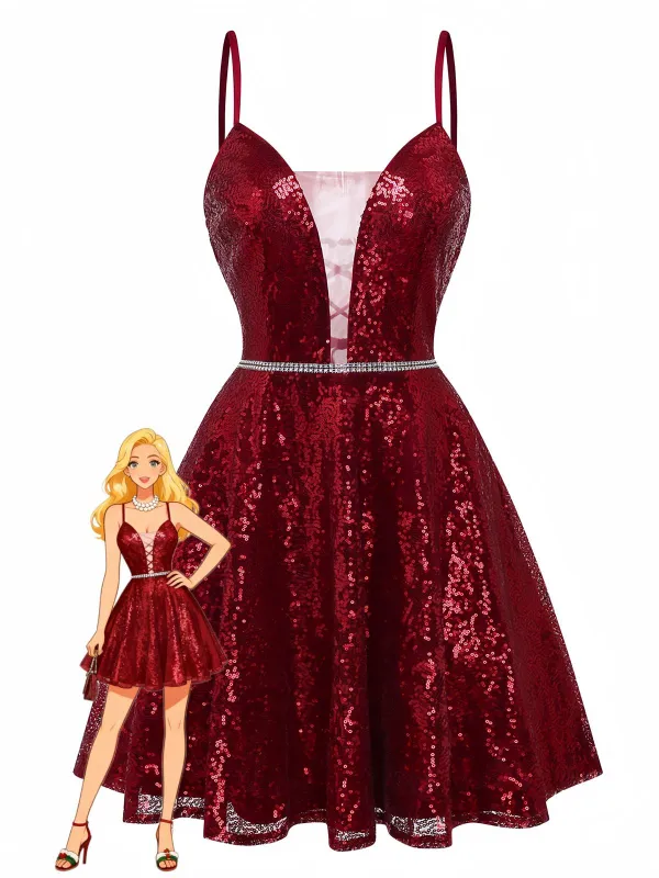 Wine Red 1950s Sequin Deep-V Mesh Dress sold by Retro Stage