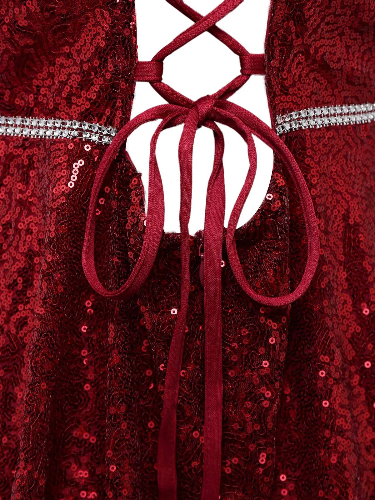 Wine Red 1950s Sequin Deep-V Mesh Dress sold by Retro Stage product image thumbnail 5