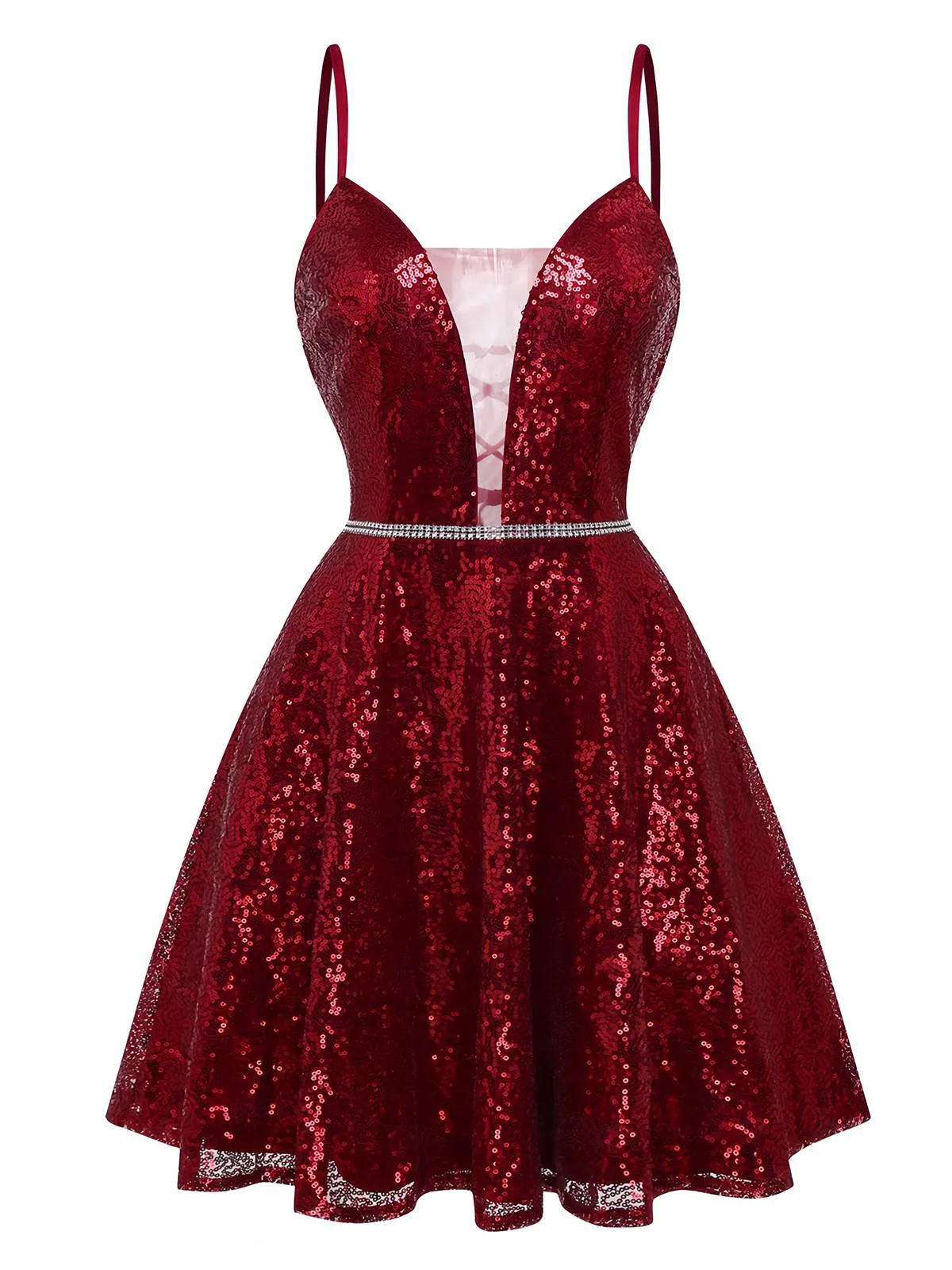 Wine Red 1950s Sequin Deep-V Mesh Dress sold by Retro Stage product image thumbnail 2