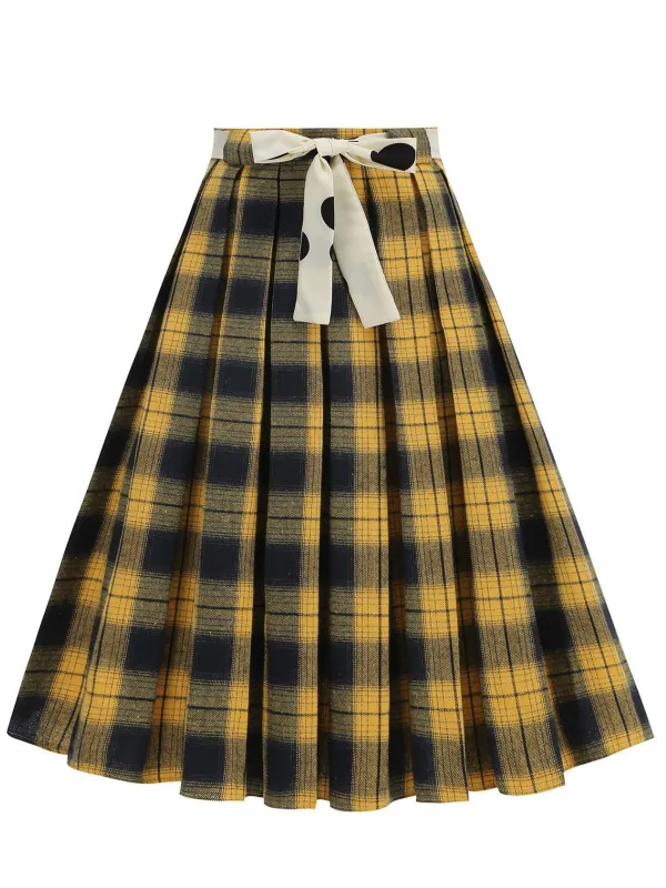 1950s Polka Dot Belt Plaid Pleated Skirt sold by Retro Stage